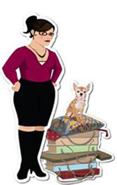 Drawing of a lady in a purple sweater and black skirt standing next to a pile of fabrics with a chihuahua sitting on top.